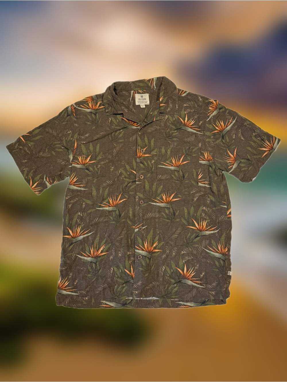 Solitude Men’s Size Small Brown And Orange Tropical Floral Silk Button-Up Shirt